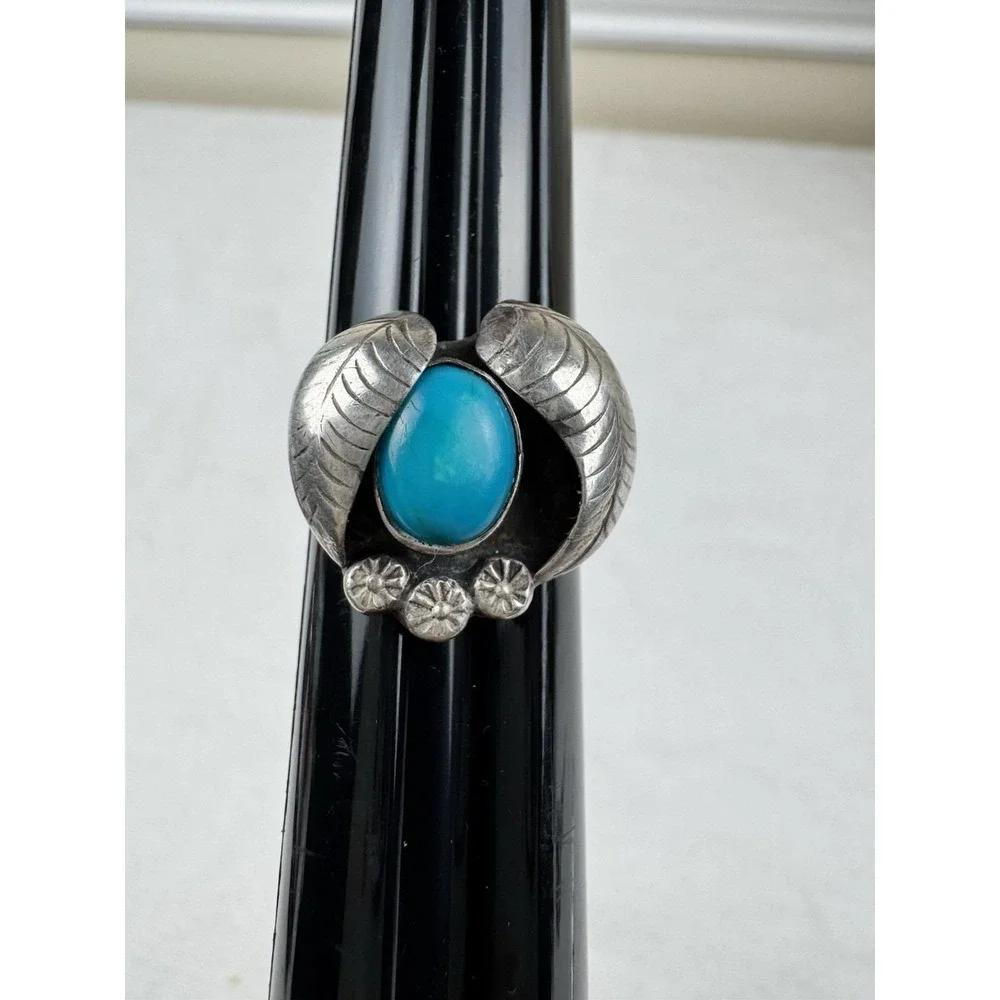 VTG Navajo Sterling Silver Turquoise Leaf Feather Ring Sz6 Old Pawn Southwestern